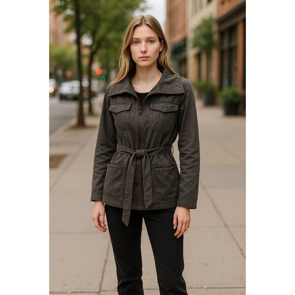 VTG Gap The Utility Jacket Gray  LINED Wide Collar Cargo Jacket Belted Small - Picture 1 of 7